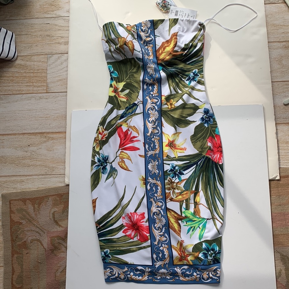 CACHE Dress 🏝️🌺 Tropical Strapless Palm Floral Flower Hawaii Beach Vacay Dress